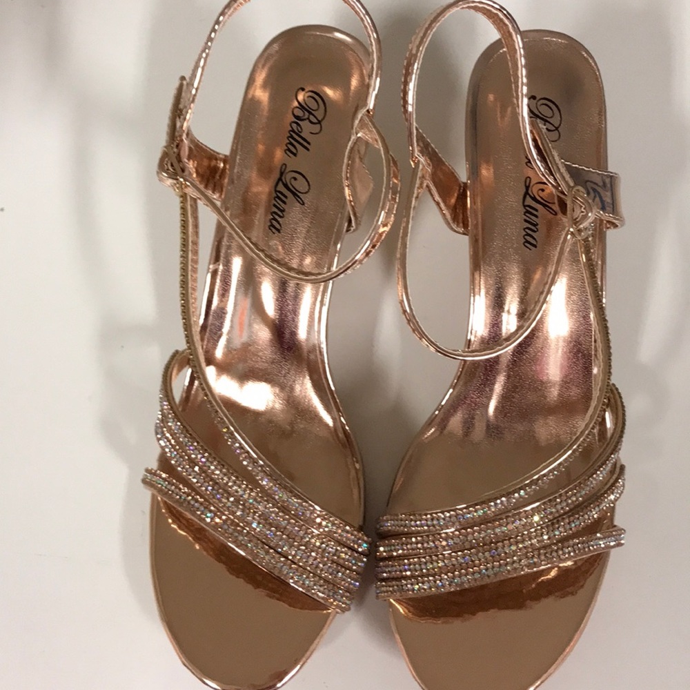 Rose gold rhinestone trim ankle strap heel.  New